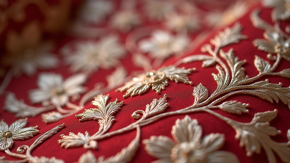 Close-up view of embroidery details on a bridal lehenga fabric