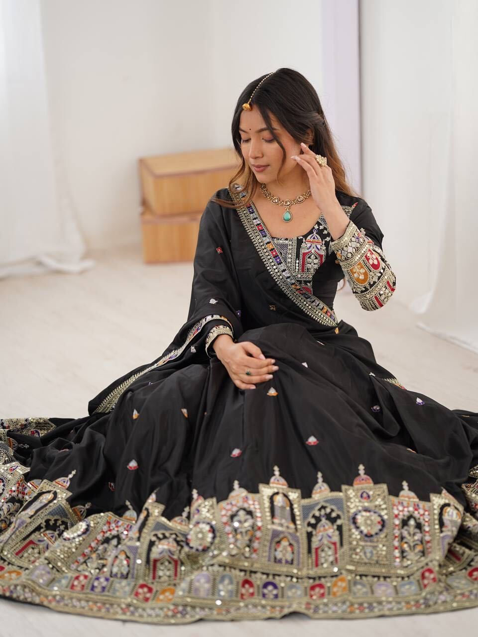 Thumbnail: French Crepe Black Indian Lehenga Choli for Women in USA