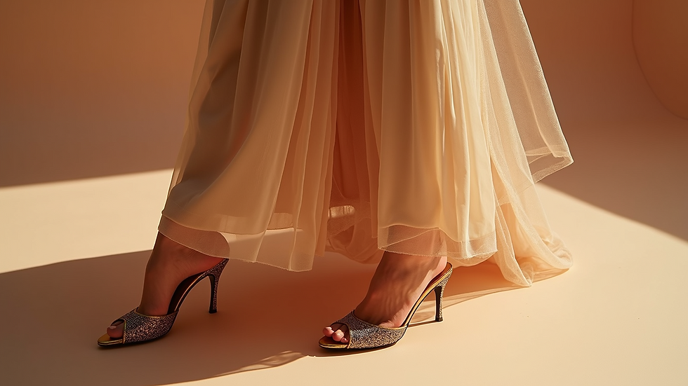 High angle view of a fashion setup showcasing a complete outfit with gharara and Jimmy Choo heels