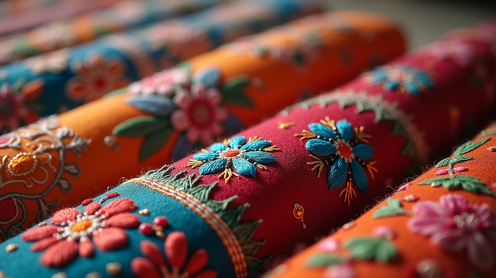 Close-up view of colorful embroidered fabric with intricate patterns