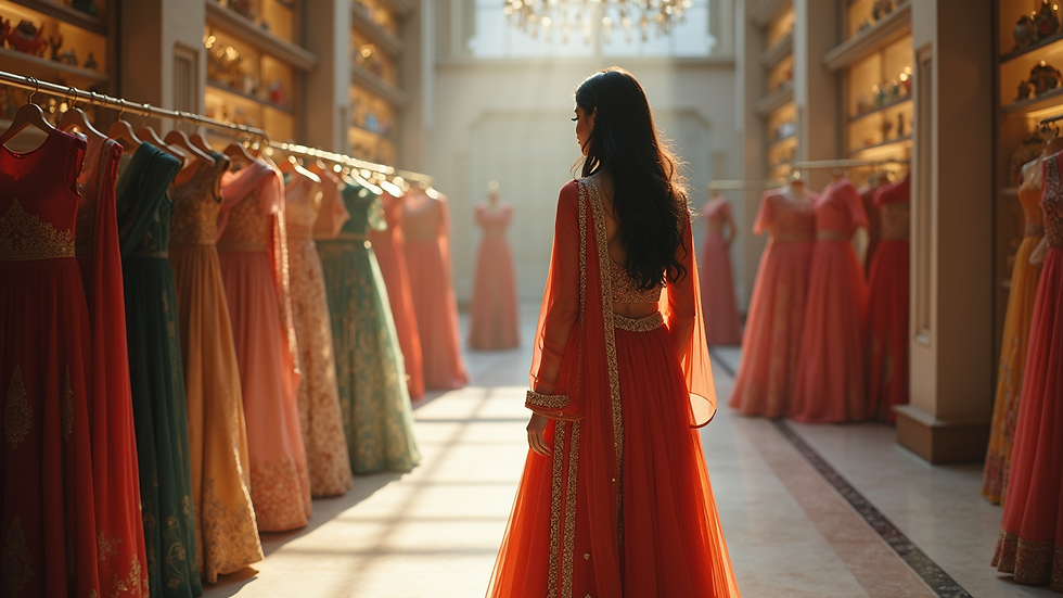 High angle view of a boutique showcasing various wedding salwar kameez styles