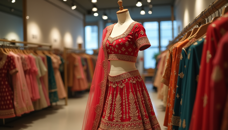 Eye-level view of a colorful Indian lehenga displayed on a mannequin in a South Asian clothing boutique