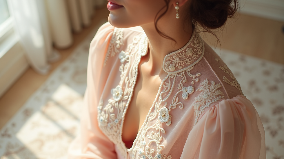 High angle view of a pastel-colored bridal outfit with modern embroidery