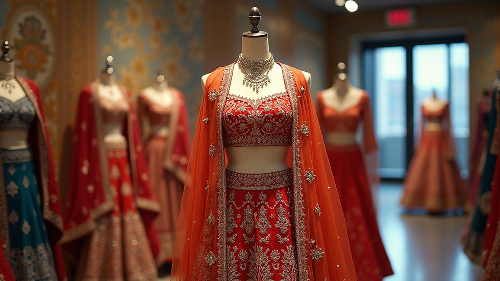 Eye-level view of a colorful lehenga displayed on a mannequin