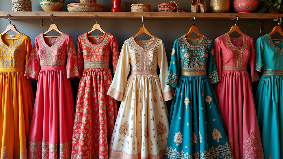 High angle view of a neatly arranged collection of colorful Anarkali suits and accessories