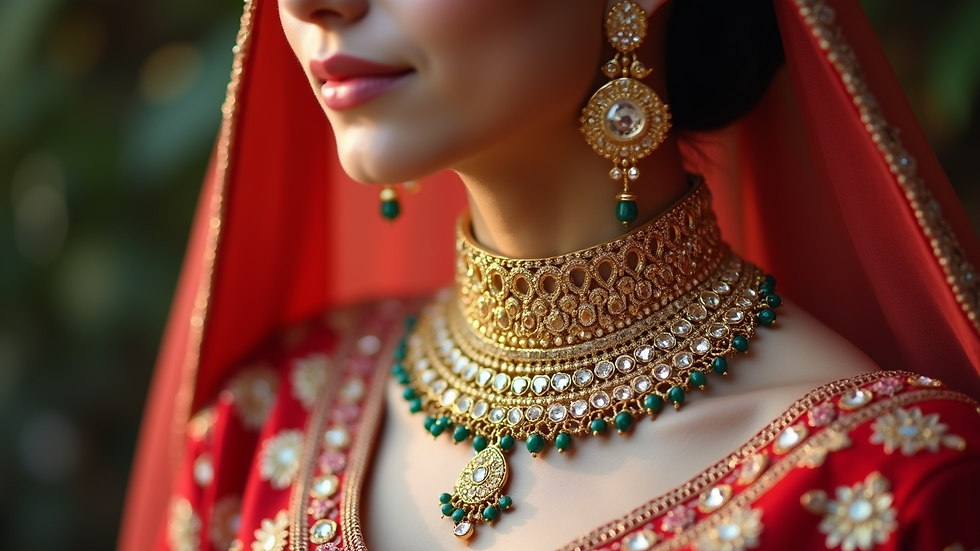 Close-up view of traditional jewelry paired with a lehenga