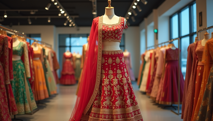Eye-level view of a colorful lehenga displayed on a mannequin in a boutique