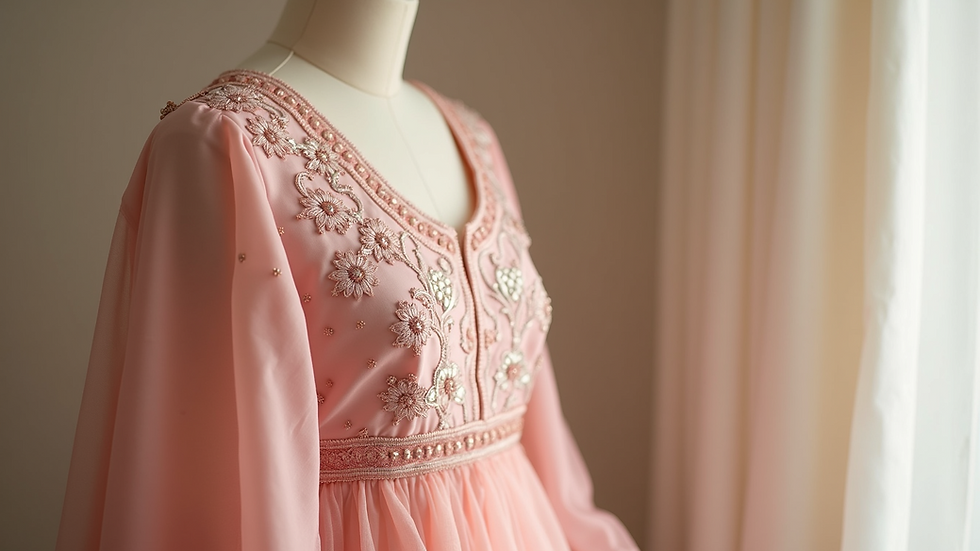 Close-up view of a pastel pink Anarkali suit with delicate embroidery on a dress form
