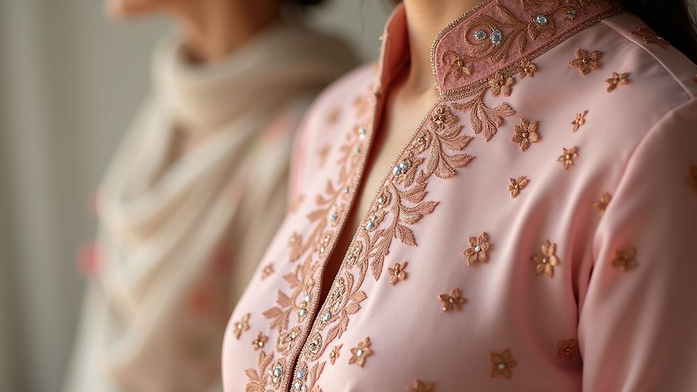 Close-up view of detailed embroidery on a pastel Pakistani bridal dress