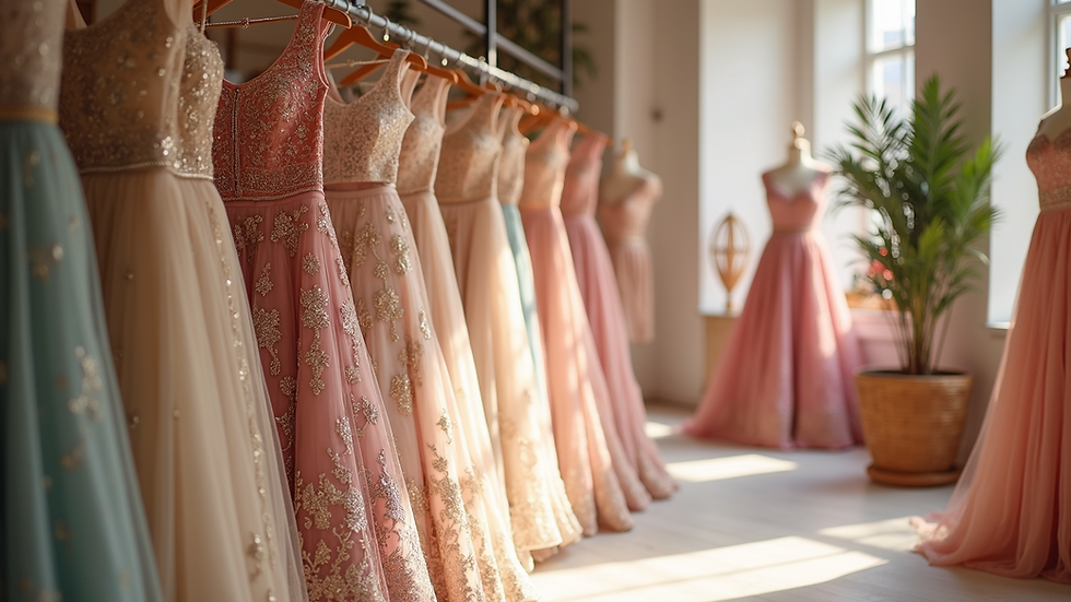 Eye-level view of a boutique showcasing elegant bridal lehengas in soft pastel colors