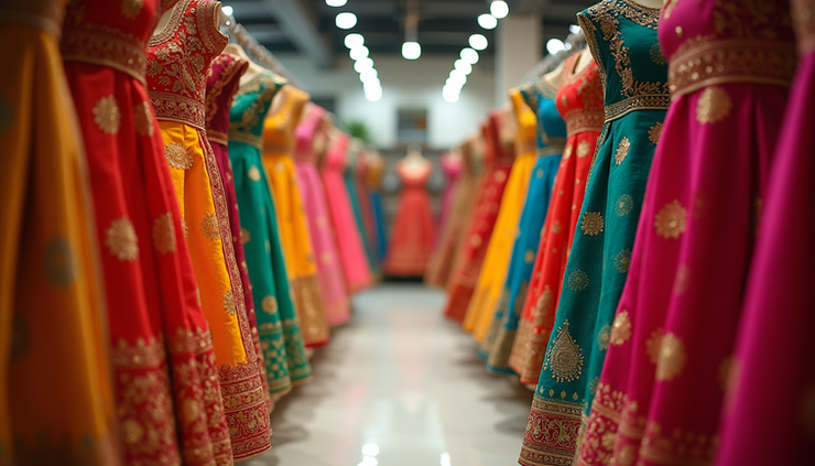 Eye-level view of a colorful display of Indian sarees and lehengas in a U.S. showroom