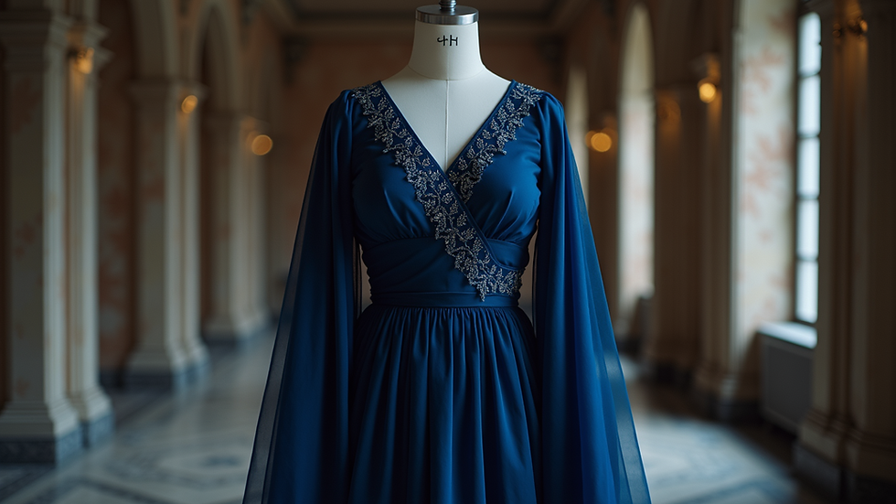 Eye-level view of a midnight blue gharara displayed elegantly on a mannequin