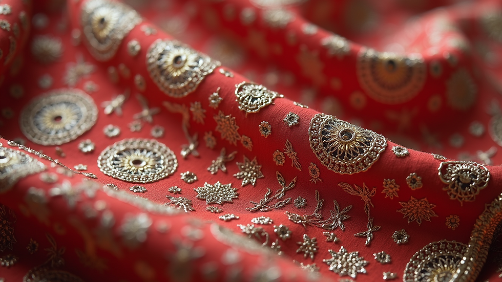 Close-up view of embroidered Indian kurta fabric