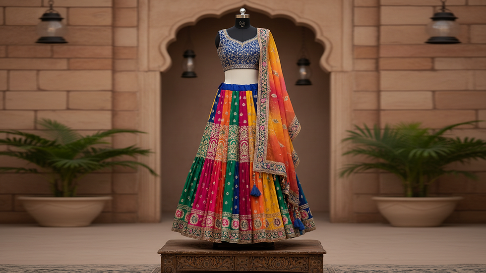 Eye-level view of a colorful lehenga displayed on a mannequin