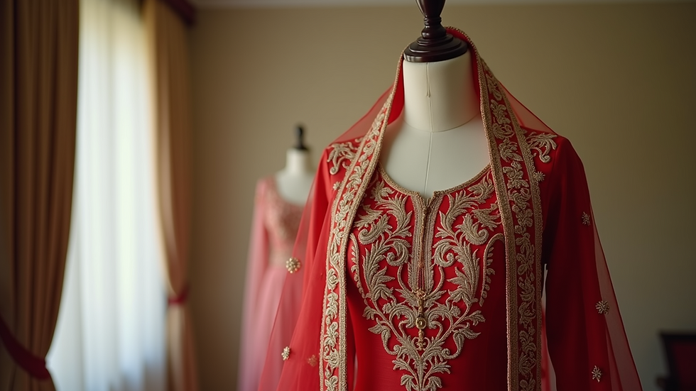 Eye-level view of a mannequin dressed in an embroidered wedding salwar kameez