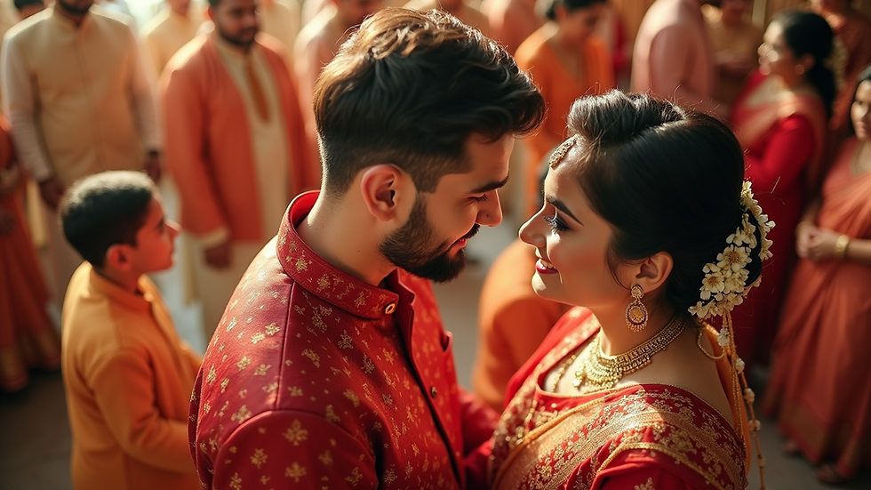 High angle view of a couple's traditional attire at a festive celebration
