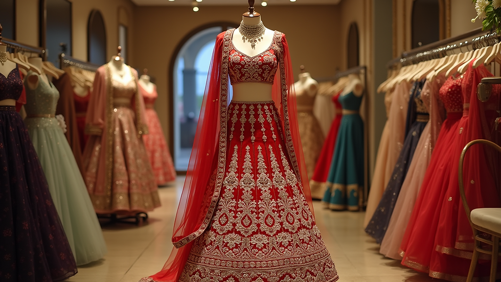 Eye-level view of a luxurious bridal lehenga displayed in a boutique