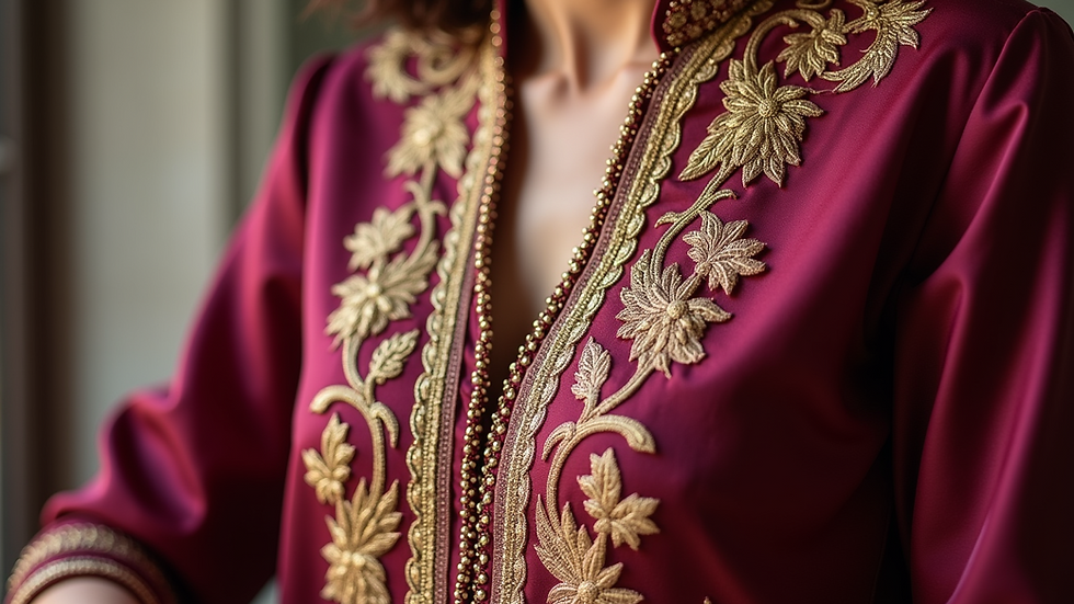 Close-up view of embroidered maroon silk kurta with gold threadwork