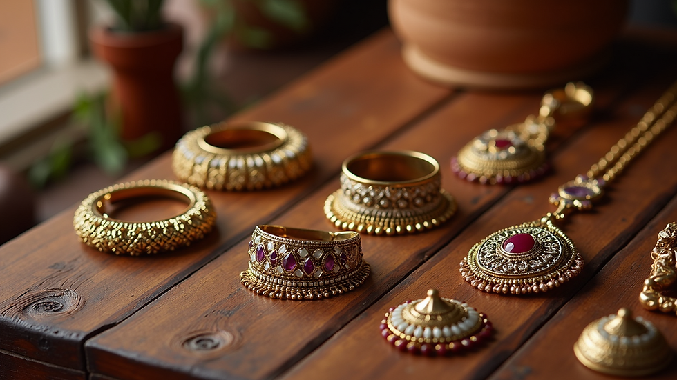 High angle view of Indian jewelry and accessories on a wooden table
