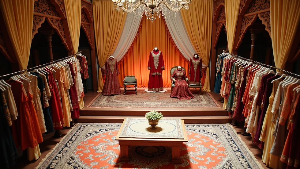 High angle view of a Pakistani wedding setup with traditional clothing displayed