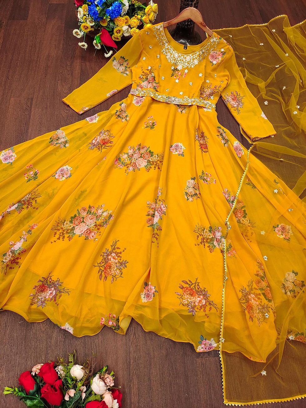 FLORAL PRINT CHIFFON GOWN DUPPTA