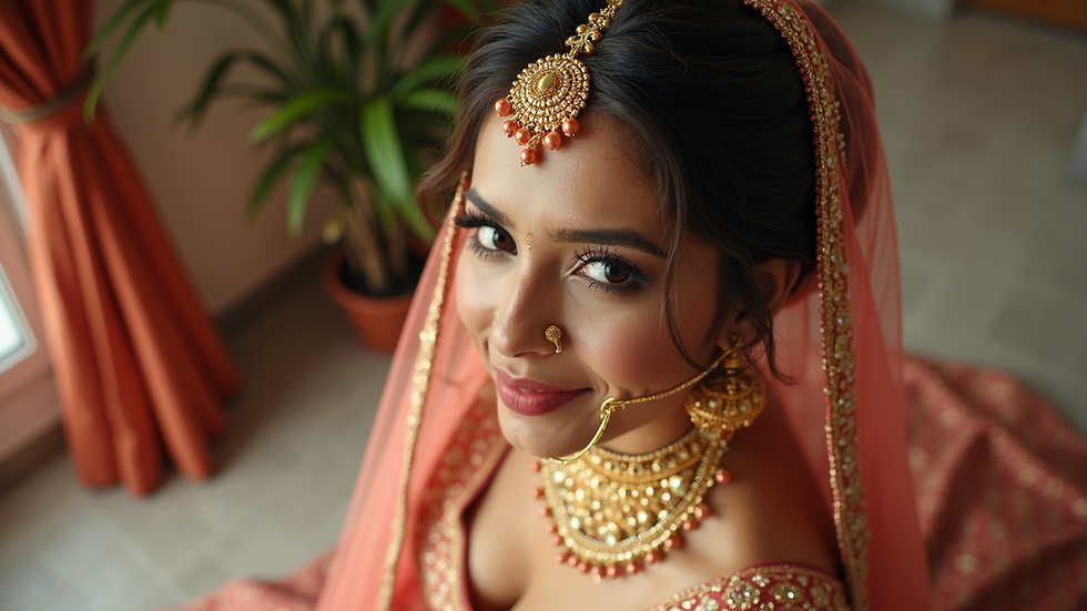 High angle view of a lehenga outfit styled with matching accessories