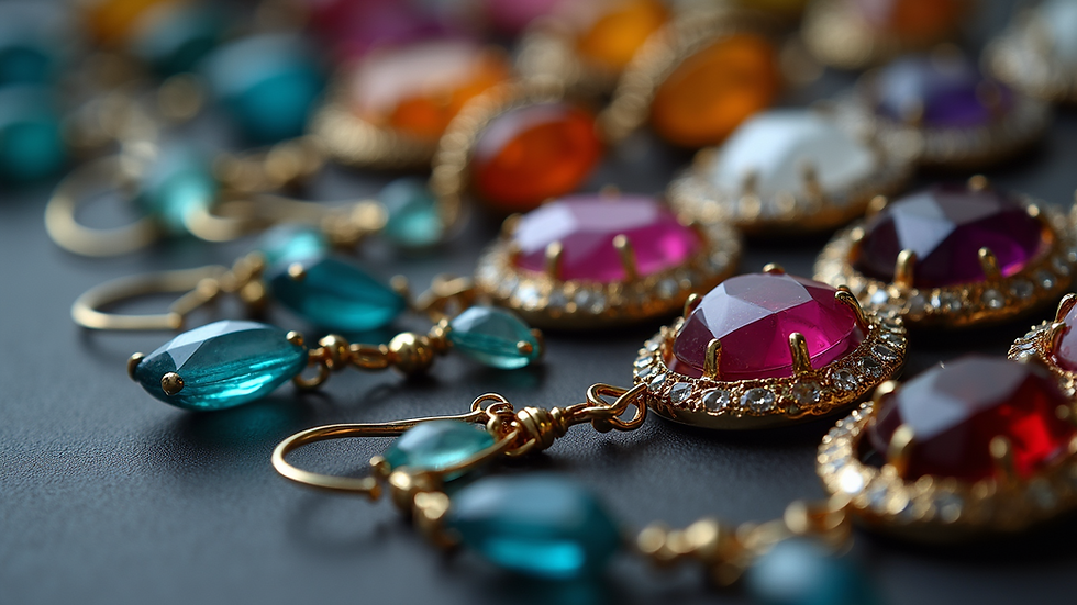 High angle view of assorted colorful gemstone earrings