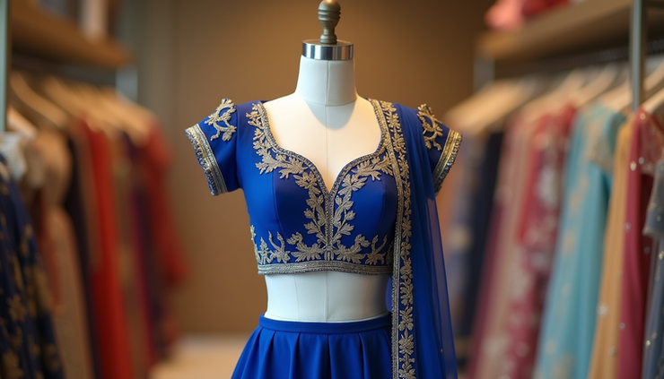Eye-level view of a royal blue lehenga choli with intricate gold embroidery displayed on a mannequin