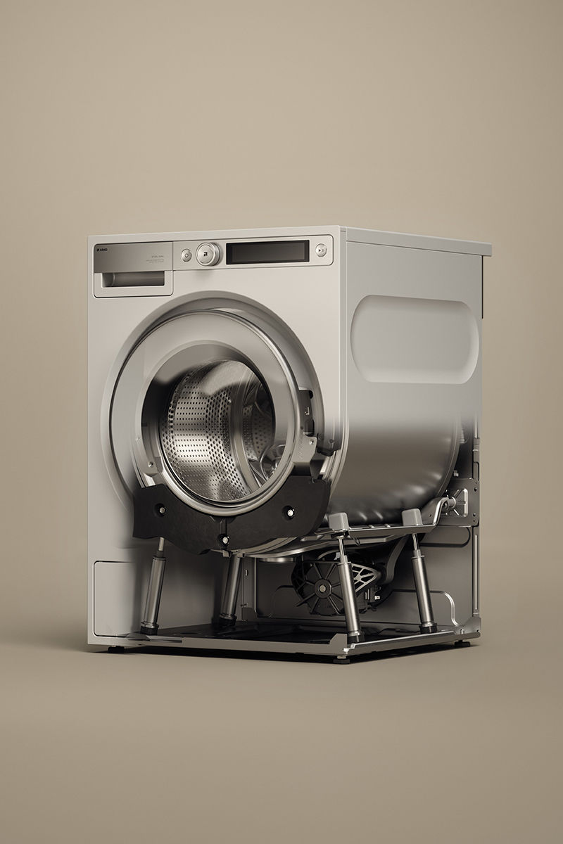 ASKO washing machine with partial see-through effect to show stable construction with four shock absorbers at the base