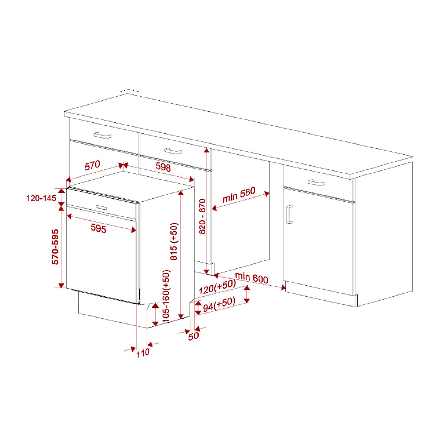 Teka DSI 46750 SS Partially Integrated Dishwasher Installation Line Drawing