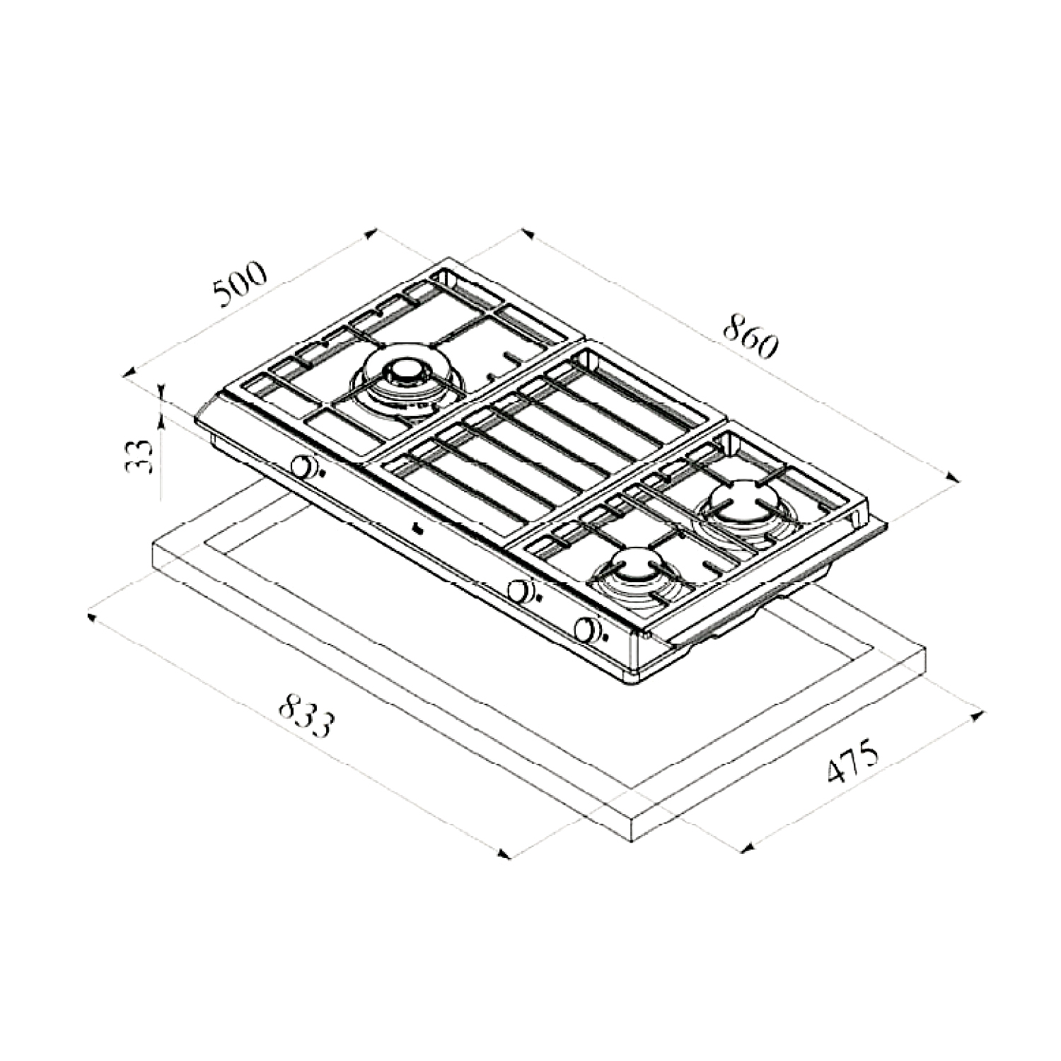 dimensions of 90cm triple cooking zone gas hob with cast iron grid.