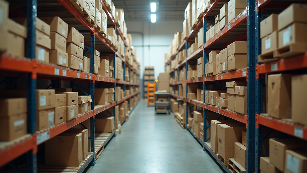 High angle view of a clean and organized storage area with labeled boxes
