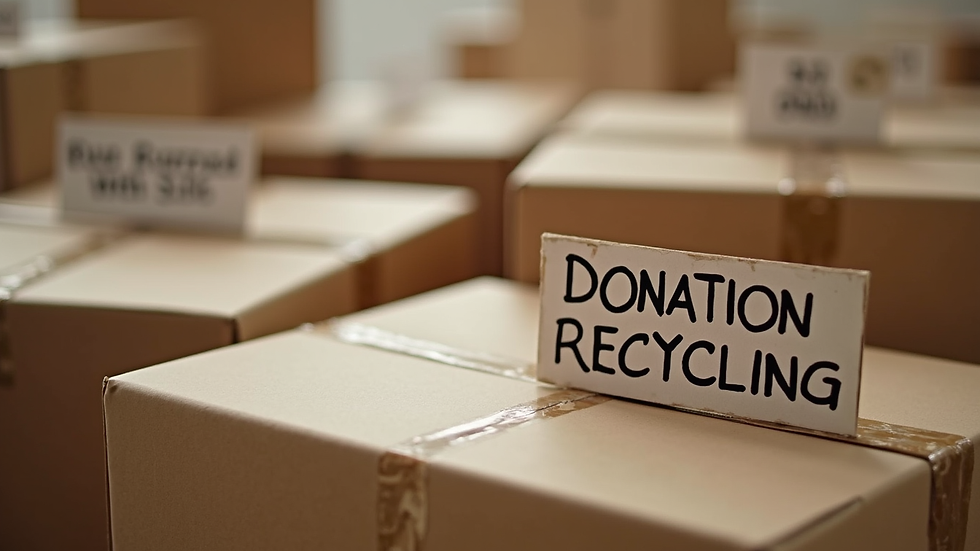 Close-up view of neatly packed boxes labeled for donation and recycling