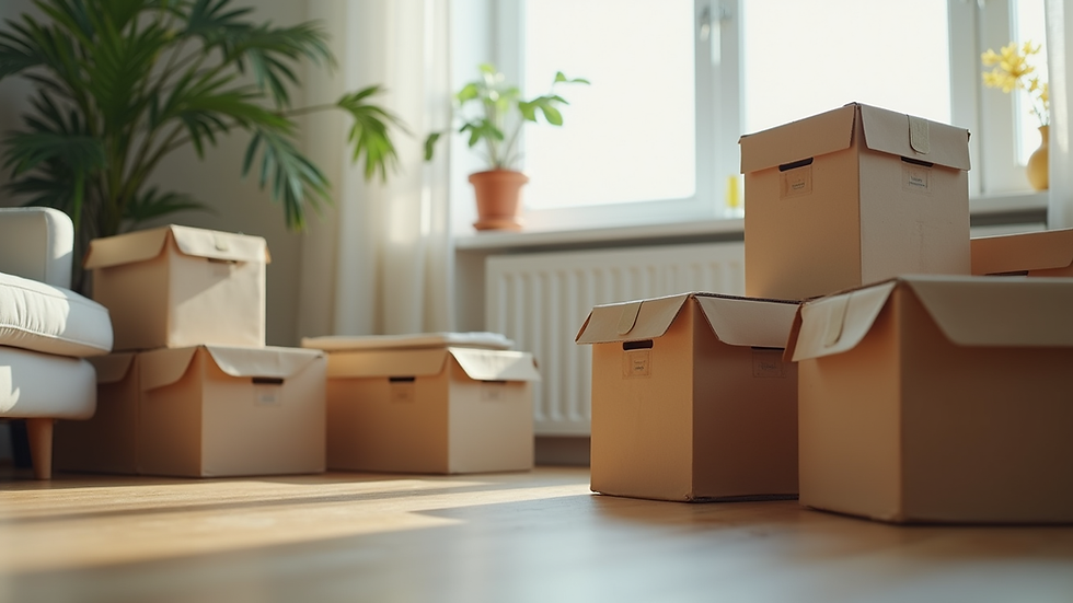 Eye-level view of neatly organized boxes and cleaning supplies in a living room