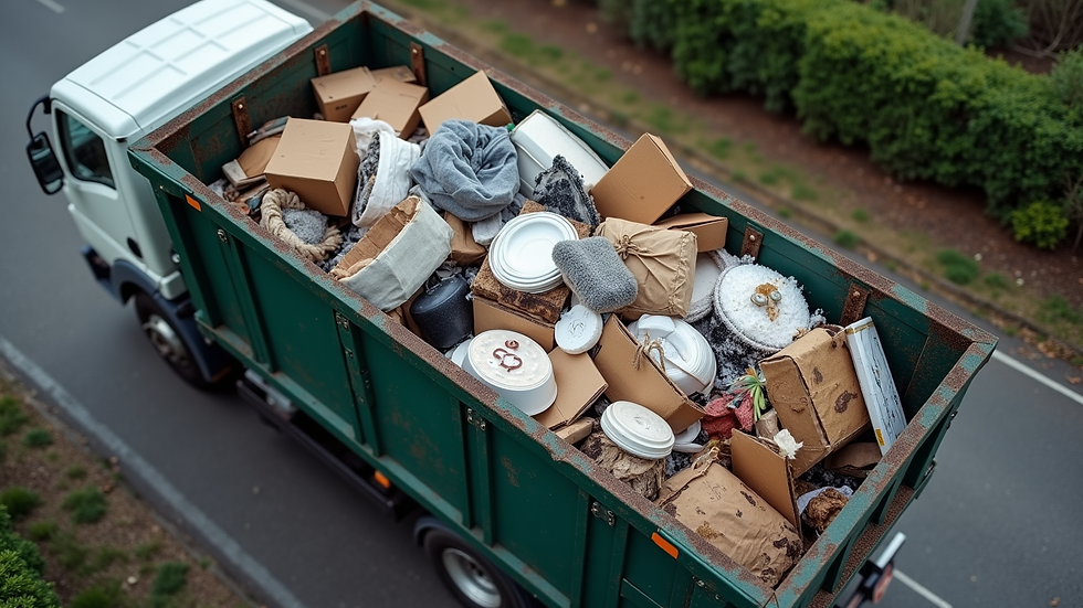 High angle view of a truck loaded with sorted household items for disposal