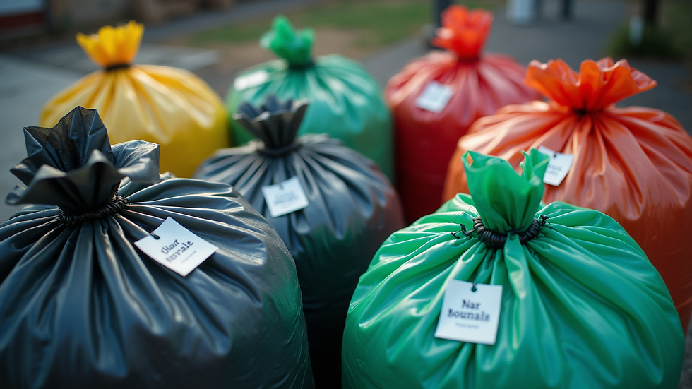 High angle view of separated garbage bags labeled by type