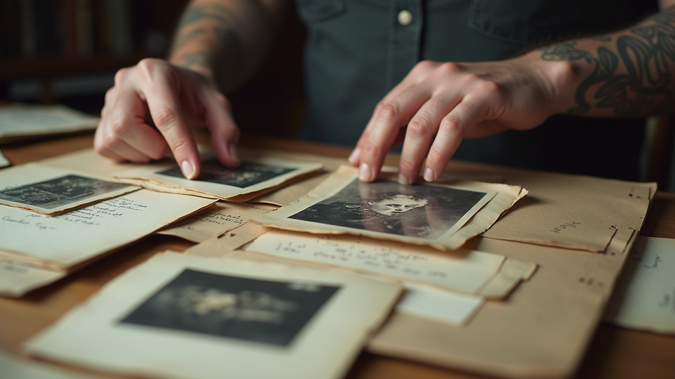 Close-up view of hands sorting through old photographs and letters