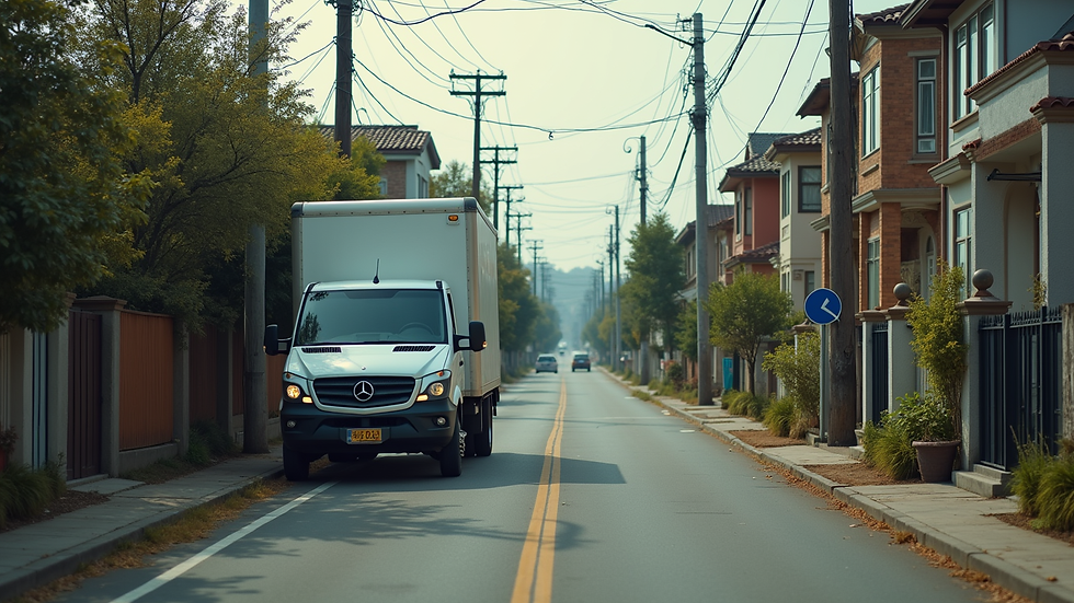 High angle view of a local遺品整理業者's truck parked in a residential area