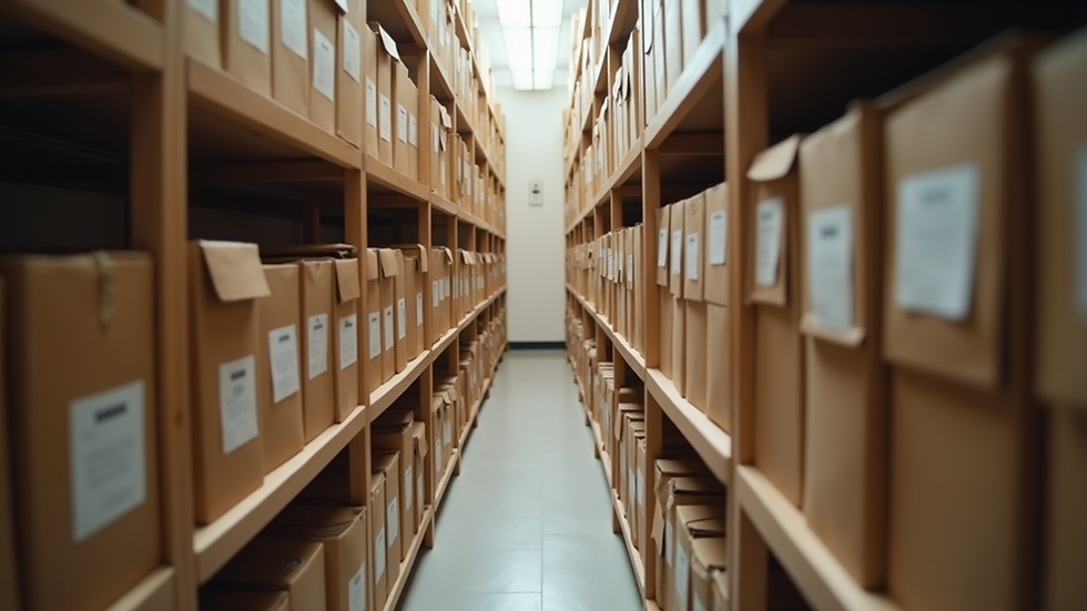 Eye-level view of a neatly organized room with boxes labeled for sorting