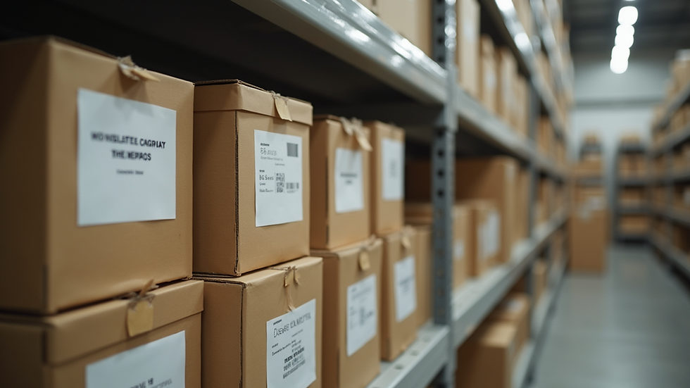 Eye-level view of neatly organized boxes and labeled items for sorting