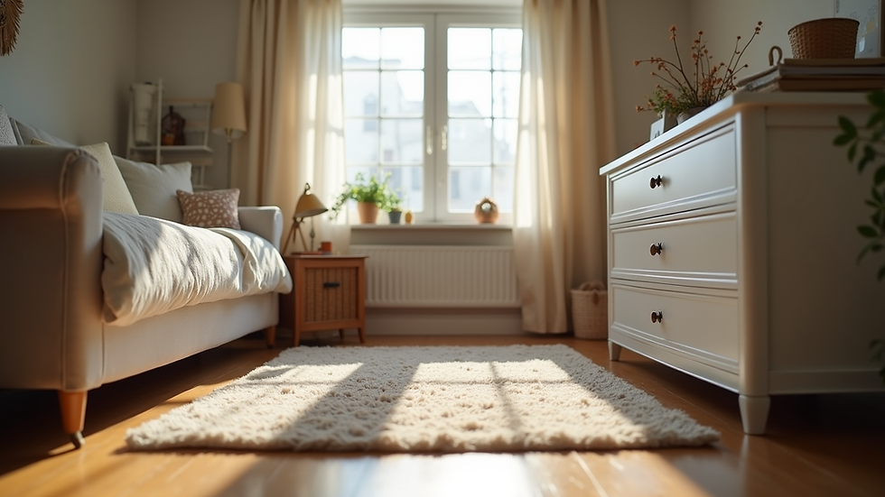 Eye-level view of a neatly organized room after sorting belongings