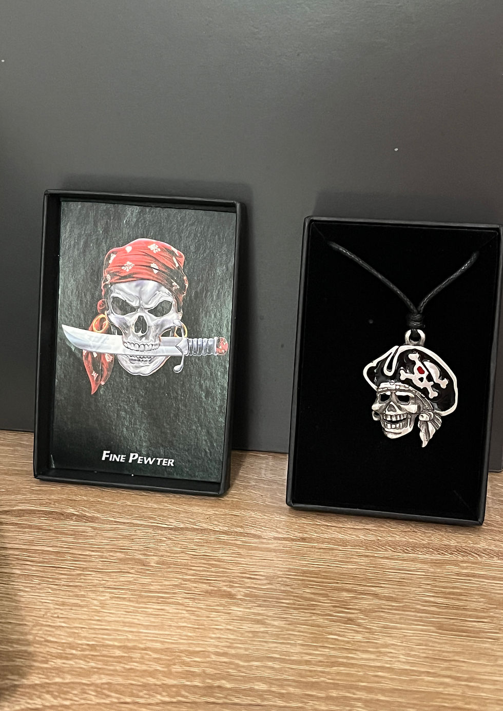 Thumbnail: Pewter  Pirate skull wearing Captain hat Pendent  on Black Cord Necklace