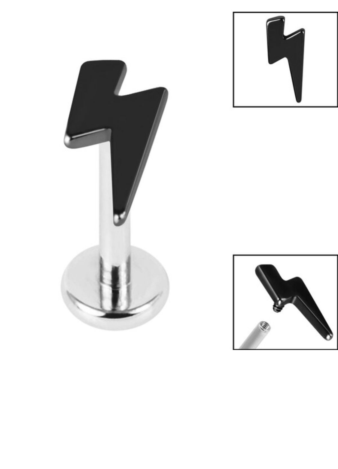 Titanium Internally Threaded Labret with  Black Titanium Lightning Bolt
