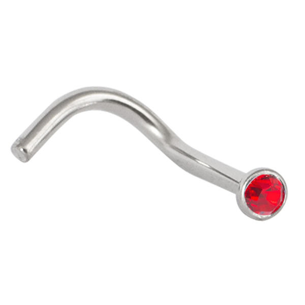Thumbnail: Mirror Polish cork screw  Titanium with Red   Jewelled Nose stud
