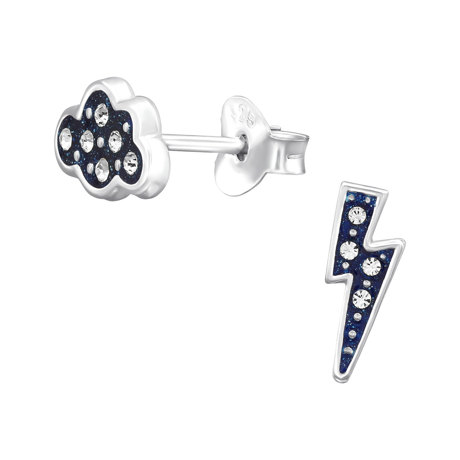 Cloud & Lightning Jewelled 925 Sterling Silver Ear Studs