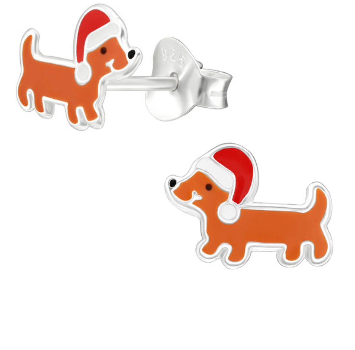 Sausage Dog Santa Hat Sterling Silver Ear Studs