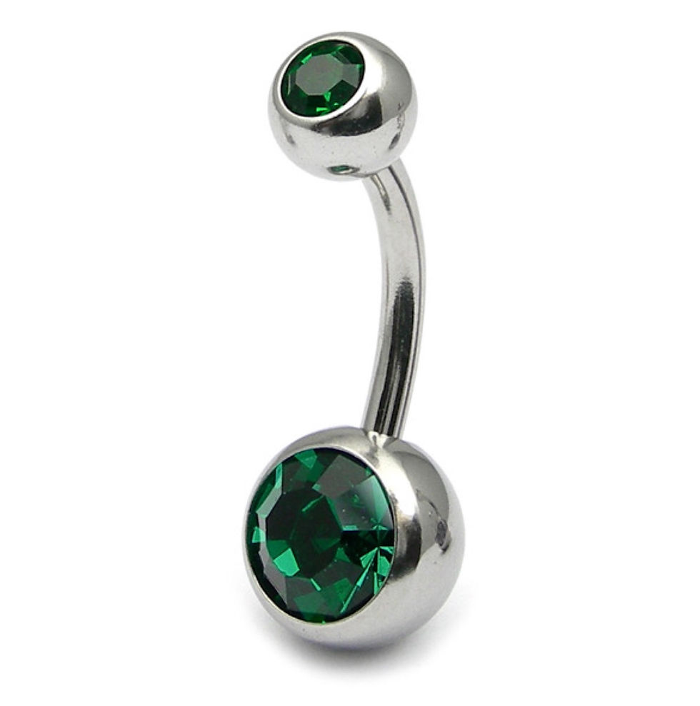 Thumbnail: Steel Double Dark Green  Jewelled Belly Bars