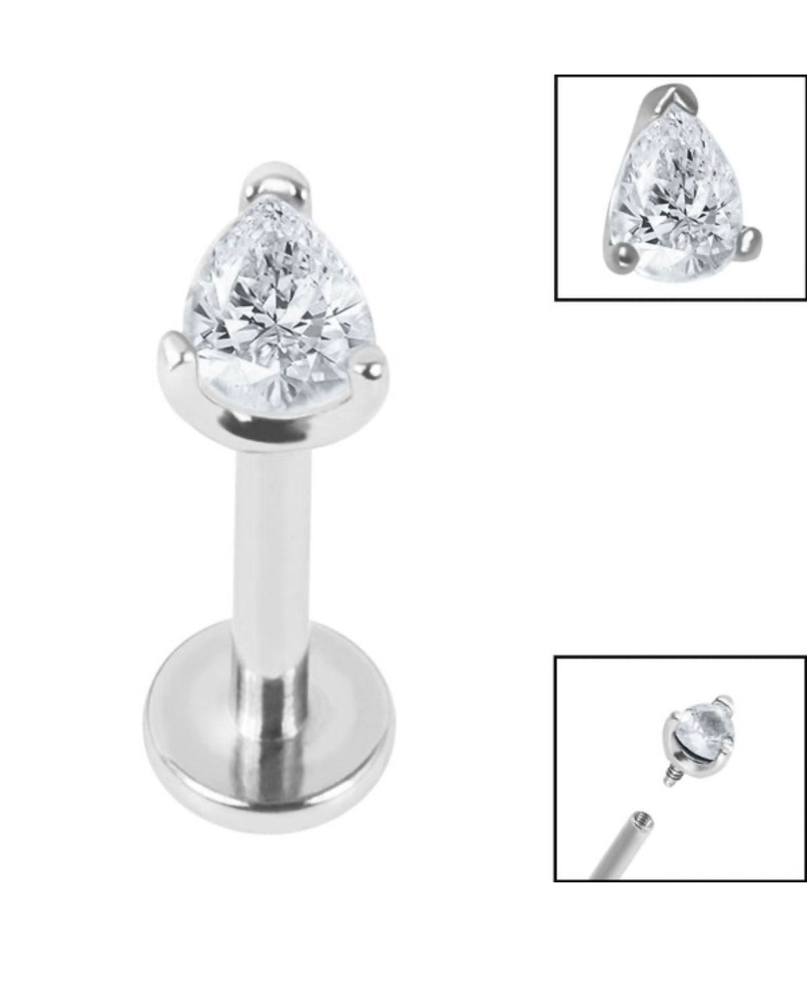Pear shaped claw set crystal clear jewel   on Titanium Internally Threaded  Labret