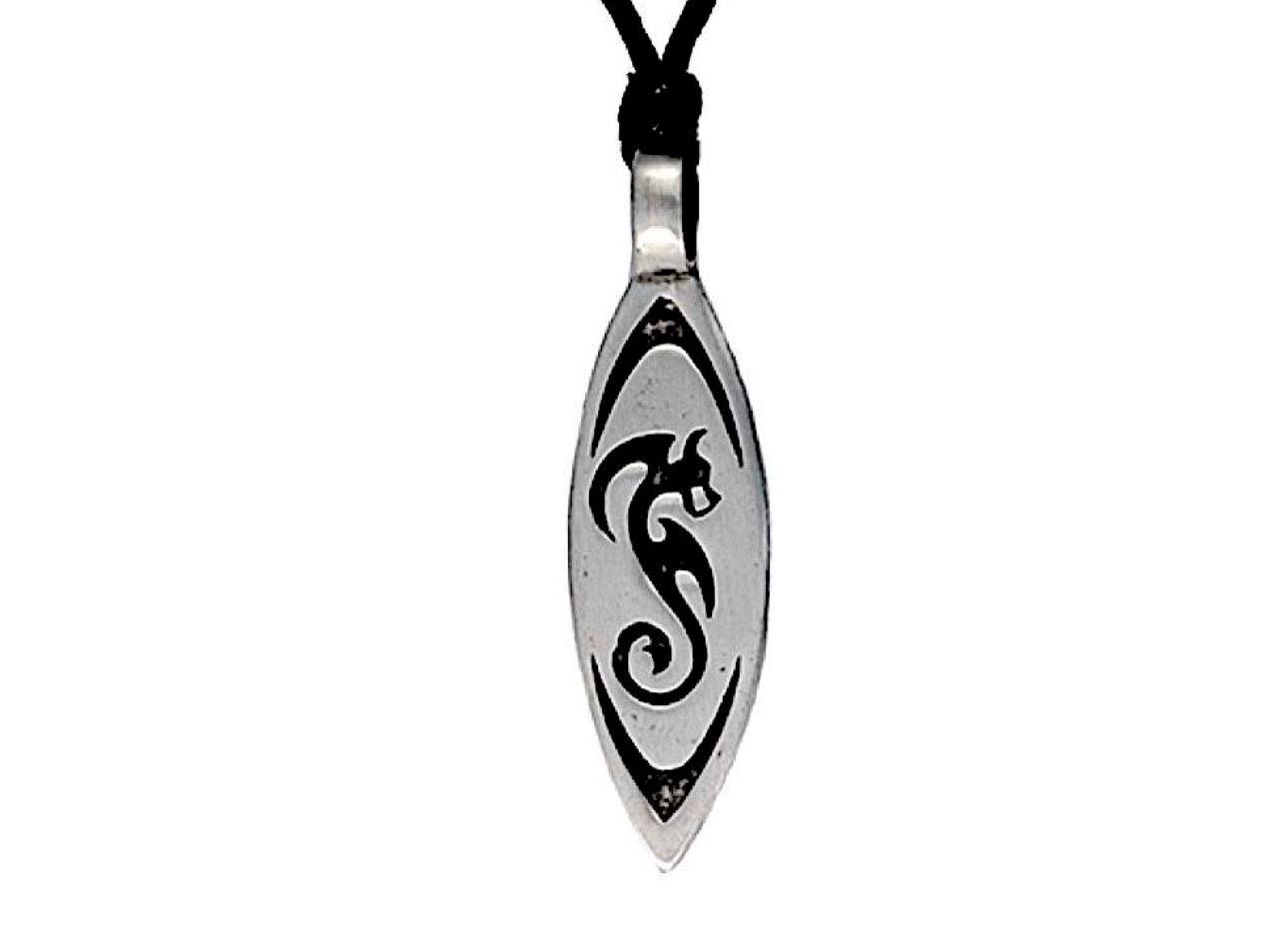 Dragon Surf Board Pewter Pendent on Black Corded Necklace