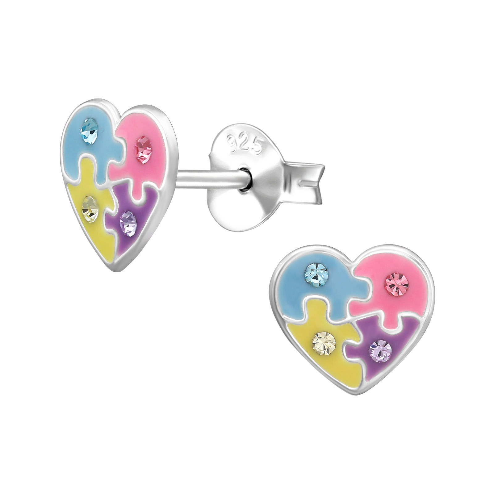 Puzzle Heart Jewelled 925 Sterling Silver Childrens Ear Studs